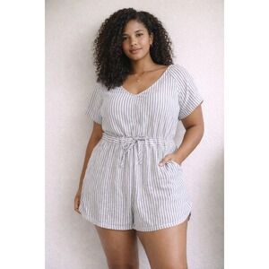Universal Thread Striped Linen Blend V Neck Tie Waist Short Romper XL